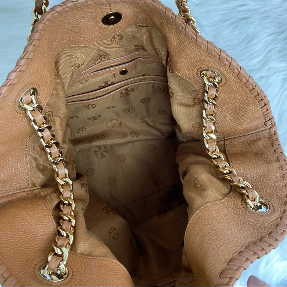 Tory Burch Bombé Slouchy Camel Leather Tote Bag